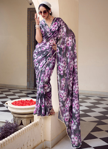 Beautiful grey marble georgette saree with allover floral print.